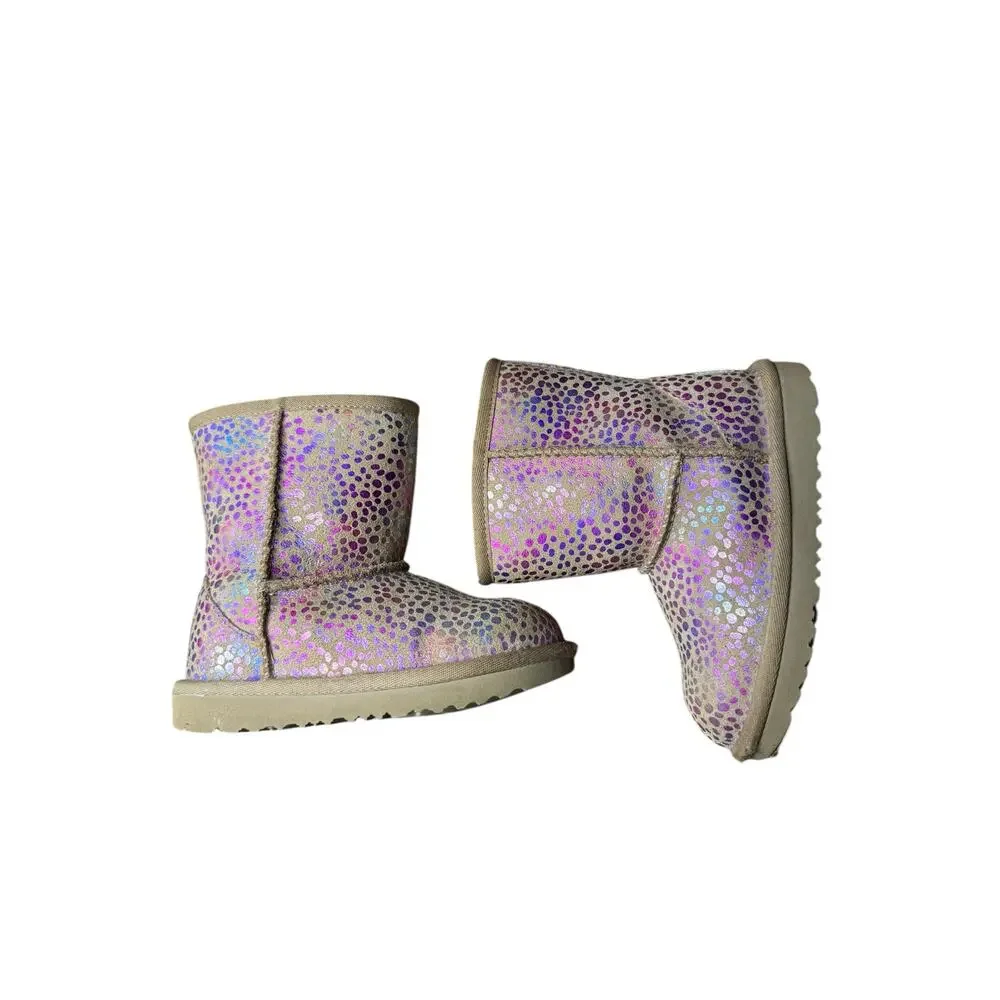 UGG Classic II Spots Boots Girls Size 10 Chestnut Suede Metallic Rainbow